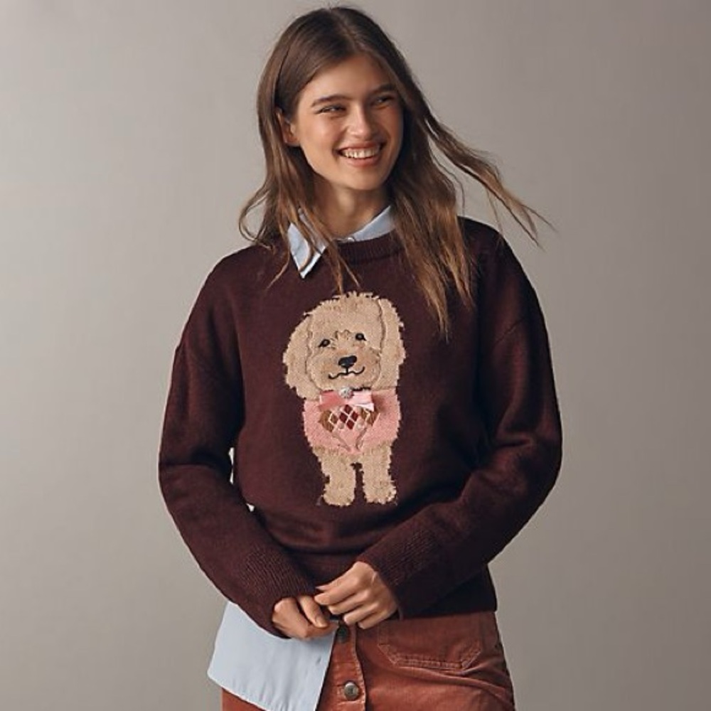 Maeve Crew-Neck Dog Icon Pullover Sweater Wine Lab Sz S
